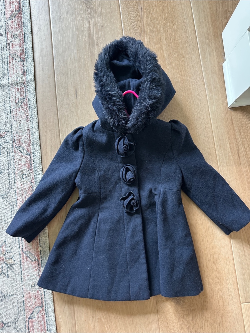Rothschild navy blueGirls Hooded Wool Coat with Faux Fur Trim
